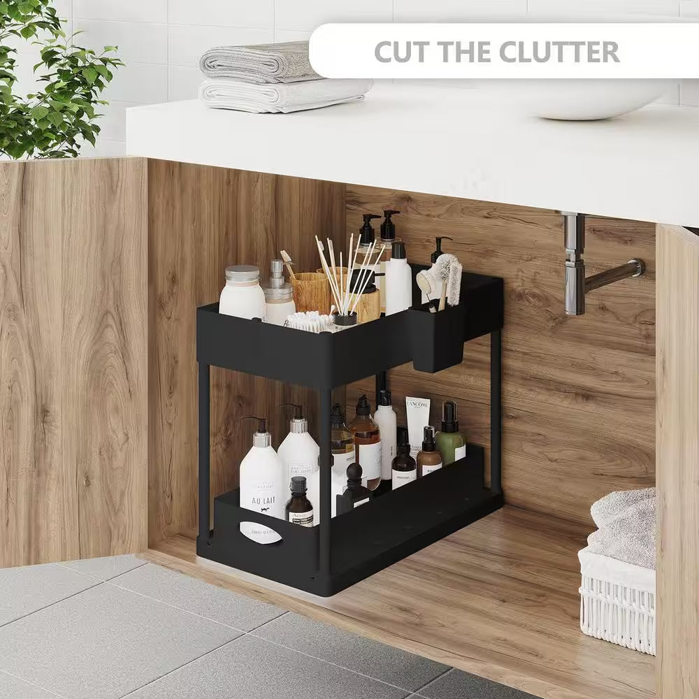 2-Tier White Sliding under Sink Organizer Storage Cabinet Basket Drawer