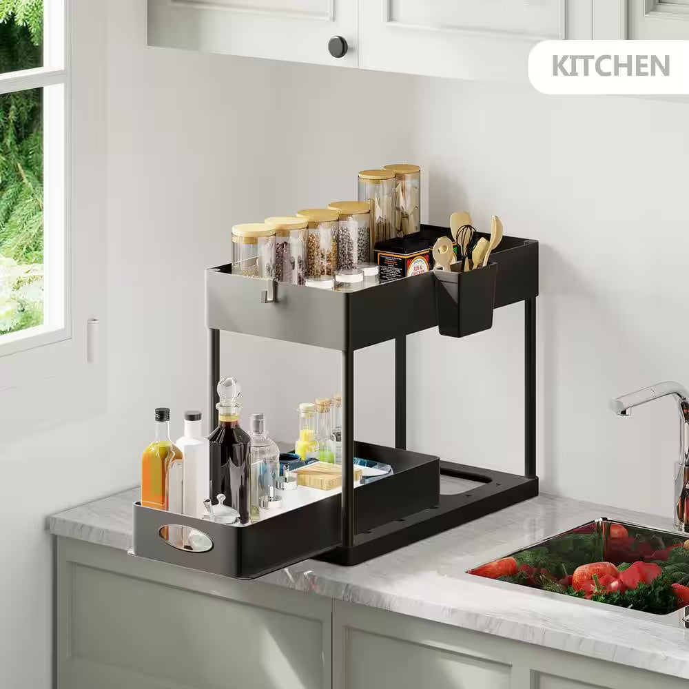 2-Tier White Sliding under Sink Organizer Storage Cabinet Basket Drawer