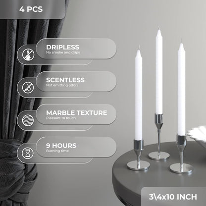 White Taper Candles Pack of 4 - Slow Burning Dripless Unscented Straight Candles 10 Inch - Ideal for Dinner Table - Smokeless Long Candlesticks